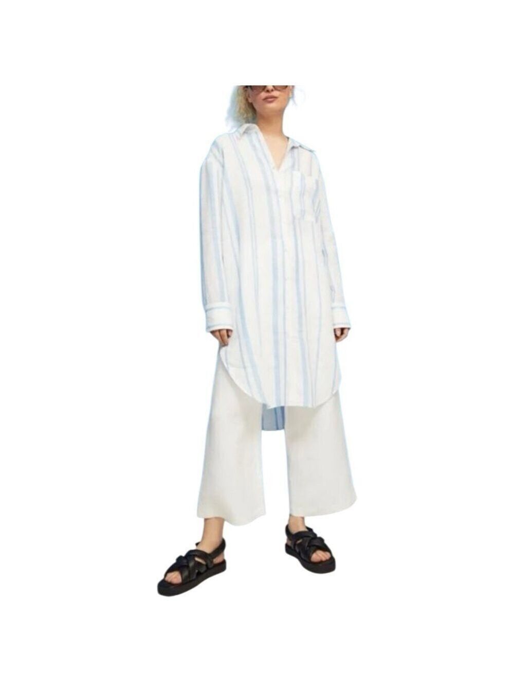 H&M LONG LINEN STRIPED SHIRT DRESS BUTTON DOWN BLUE WHITE LONG SLEEVES SZ LARGE